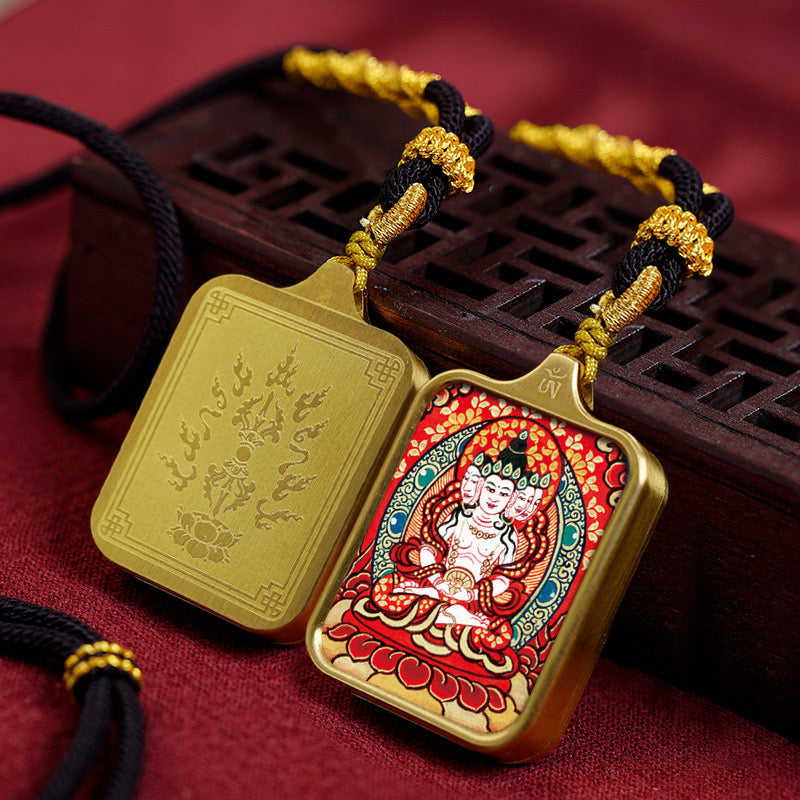 Salwosai Necklace with Metal Pendant Goddess of Mercy Gold Goddess of Mercy Thangka Goddess of Mercy China Alliance Feng Shui Amulet Goddess of Mercy Health Wealth Bar of Goddess of Mercy