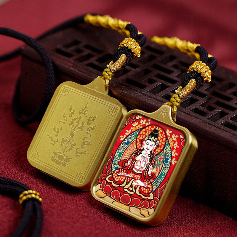 Salwosai Necklace with Metal Pendant Goddess of Mercy Gold Goddess of Mercy Thangka Goddess of Mercy China Alliance Feng Shui Amulet Goddess of Mercy Health Wealth Bar of Goddess of Mercy